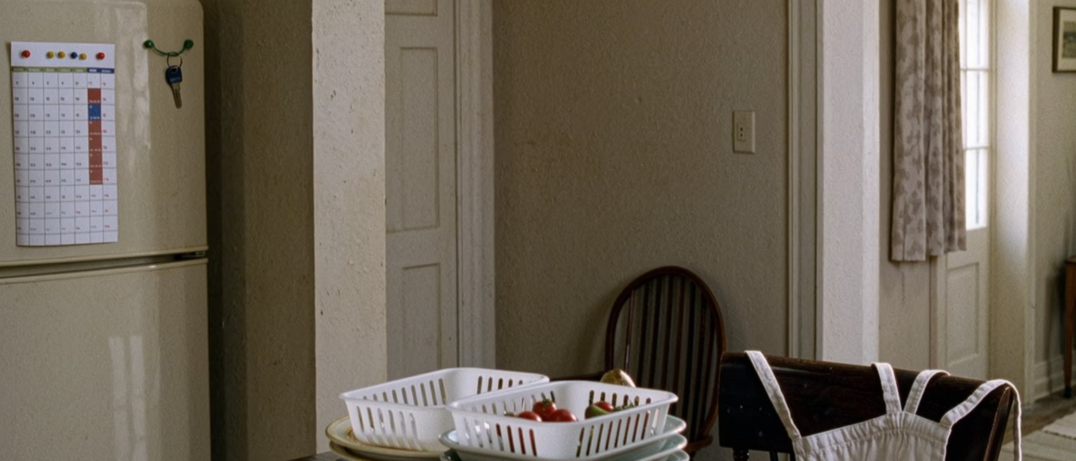 a kitchen counter seen close with the lunch things washed and racked, a child's timetable pinned to the fridge, an apron folded over the chair and a set of keys ready on the corner