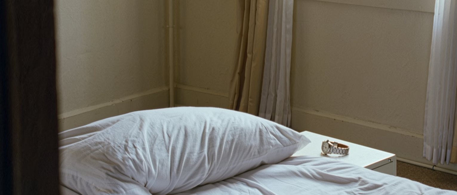 a bedroom seen close with the covers smoothed back into place, one pillow plumped and the other still dented, a wristwatch on the bedside table and the curtains half drawn behind