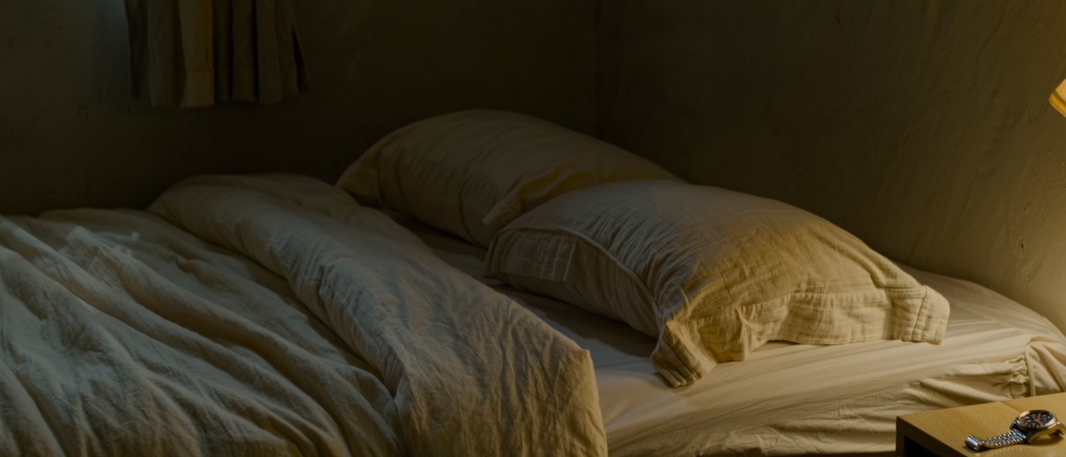 a bedroom seen close with the covers smoothed back into place, one pillow plumped and the other still dented, a wristwatch on the bedside table and the curtains half drawn behind