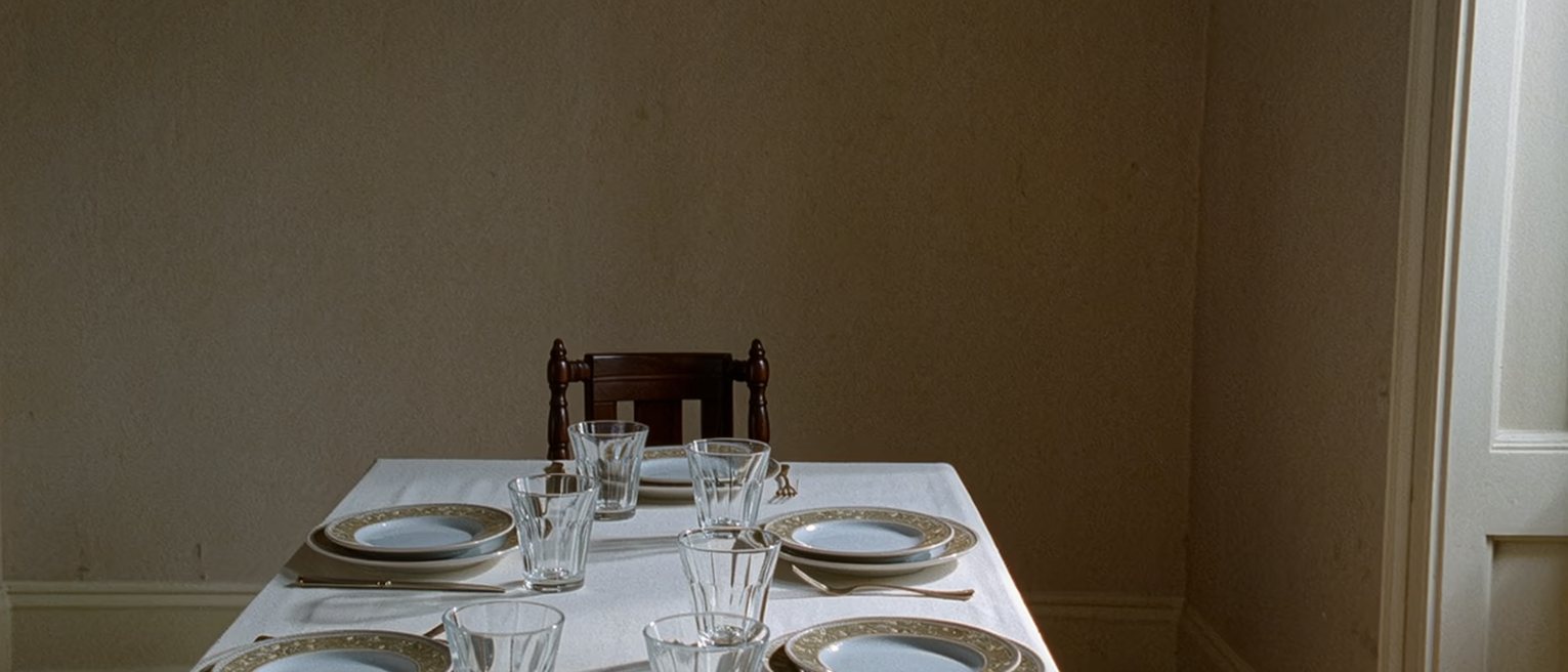 a holiday table laid before anyone has sat down, every place set identically and one extra chair added at the end