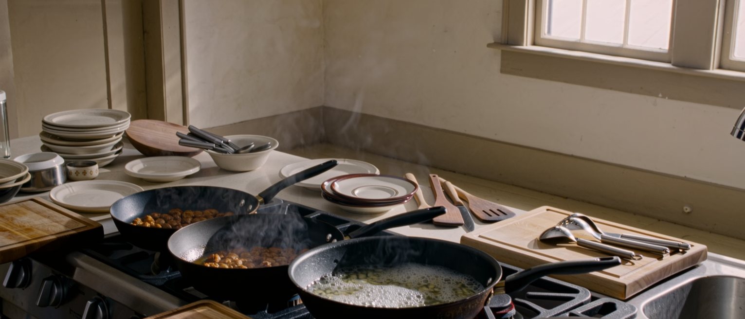 a kitchen in the middle of preparation with three pans going at once and every surface in use