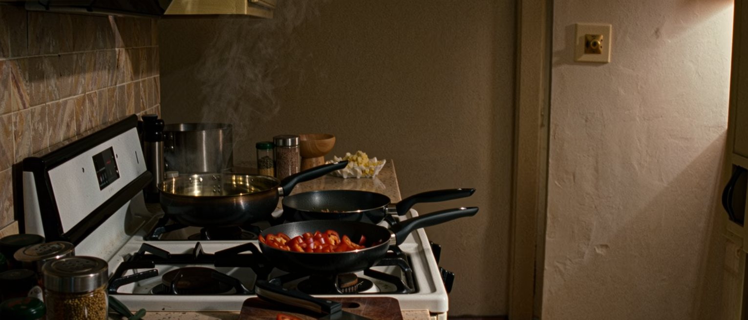 a kitchen in the middle of preparation with three pans going at once and every surface in use