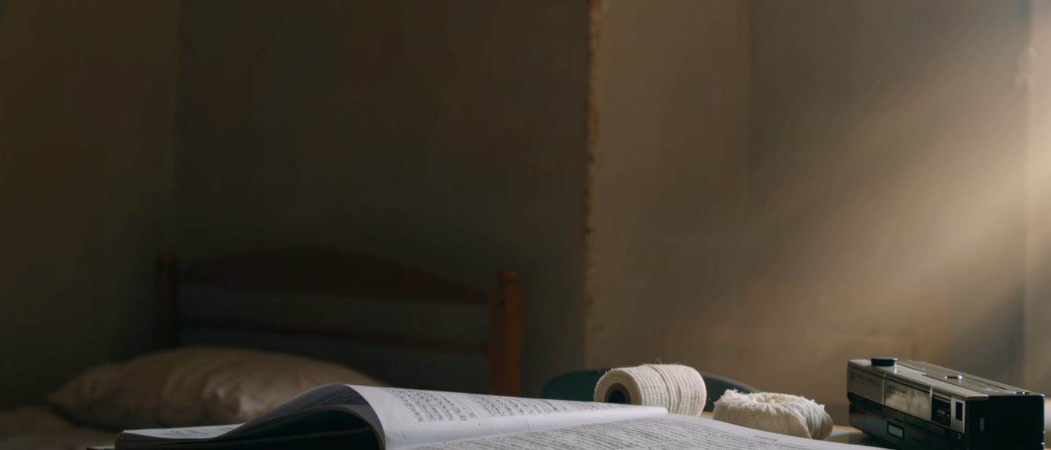 a small bedroom seen close with an exercise book open at a page of hangul practice, a cassette walkman, a roll of bandage and a rice cake wrapped in paper on the desk, the bunk bed soft behind