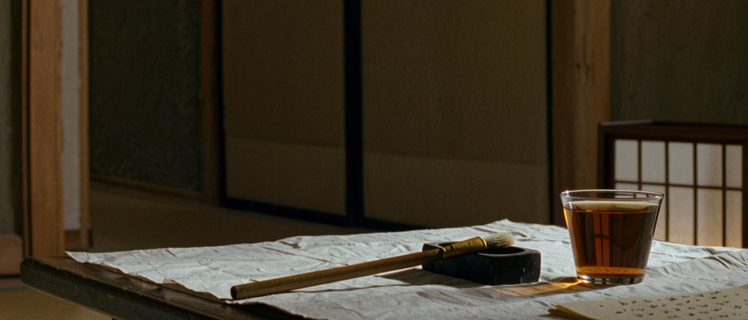 a low desk seen close with a brush, an ink stone and a sheet of calligraphy drying, a cup of oolong tea gone cold and a folded note, the paper screen soft behind