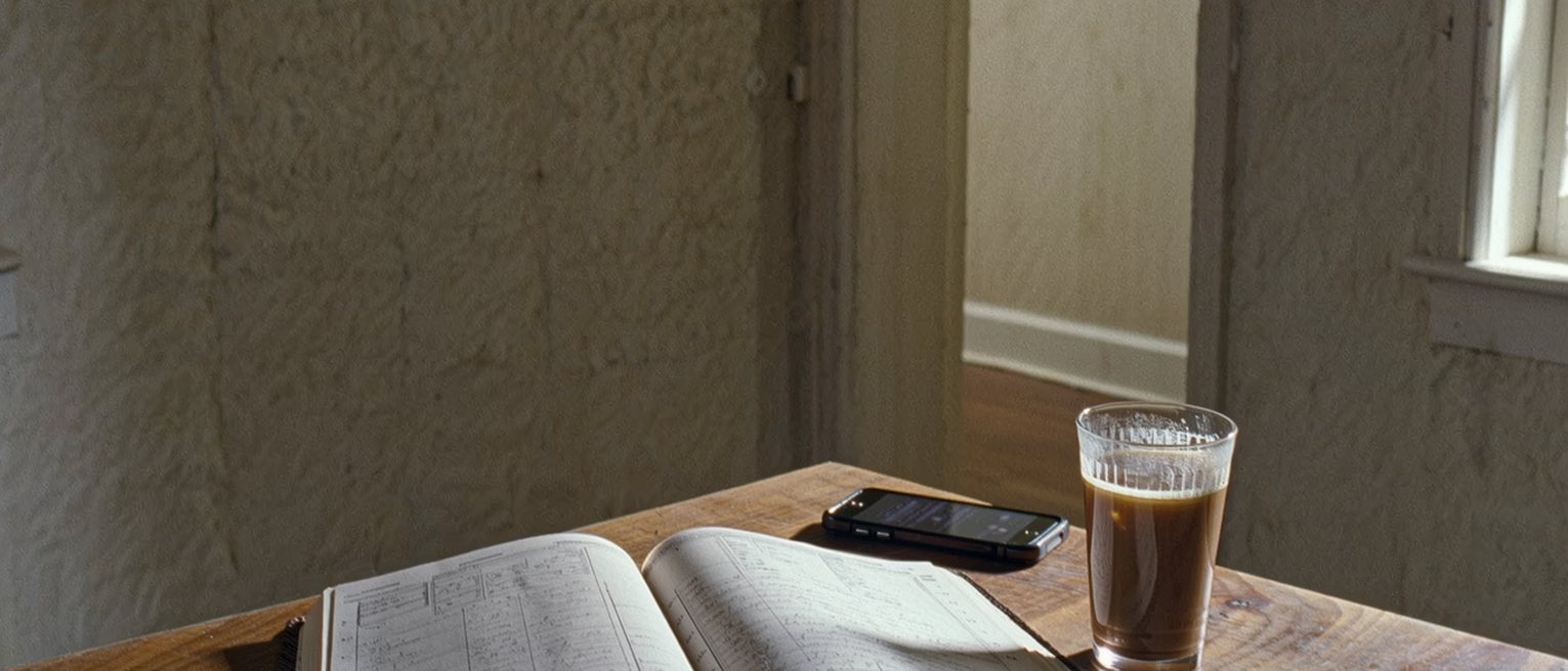 a kitchen table with a diary lying open, both pages dense with pen, a phone face down beside it and one cup of coffee gone cold