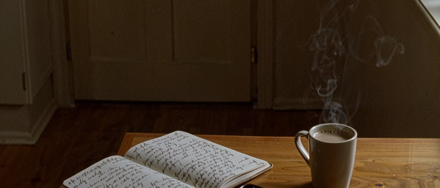 a kitchen table with a diary lying open, both pages dense with pen, a phone face down beside it and one cup of coffee gone cold
