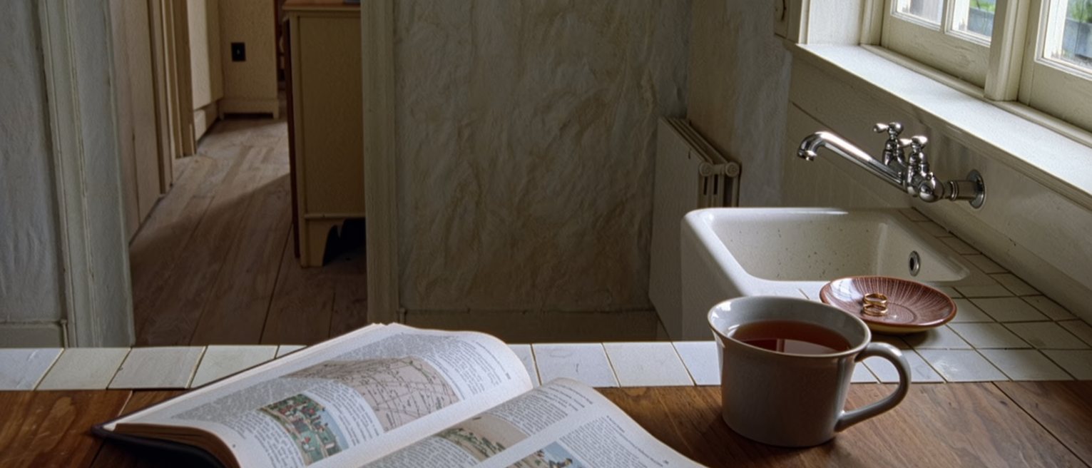 a kitchen table with an atlas open at a page far from home and a cup of tea beside it, a pair of rings in a dish by the sink