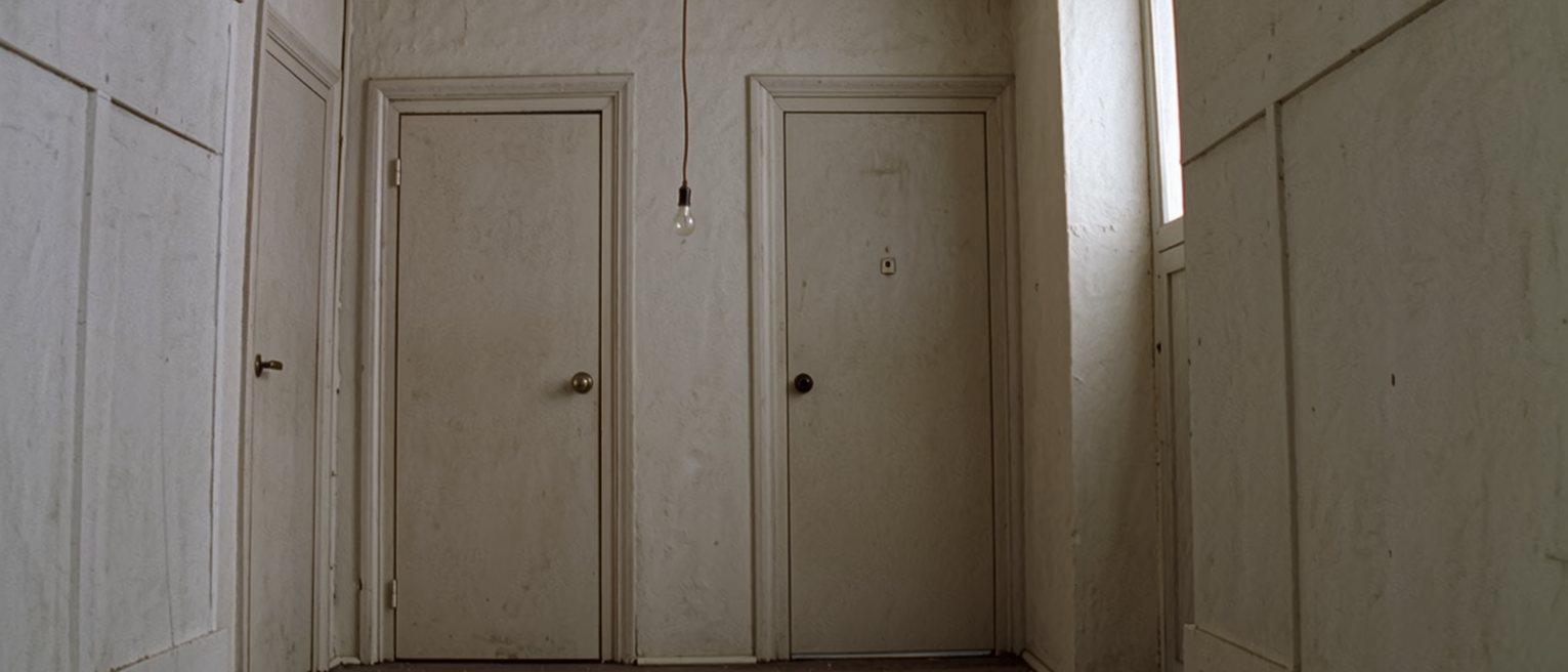 a narrow stair landing in an apartment building with two front doors facing each other across it, both closed, a single bare bulb on a cord between them