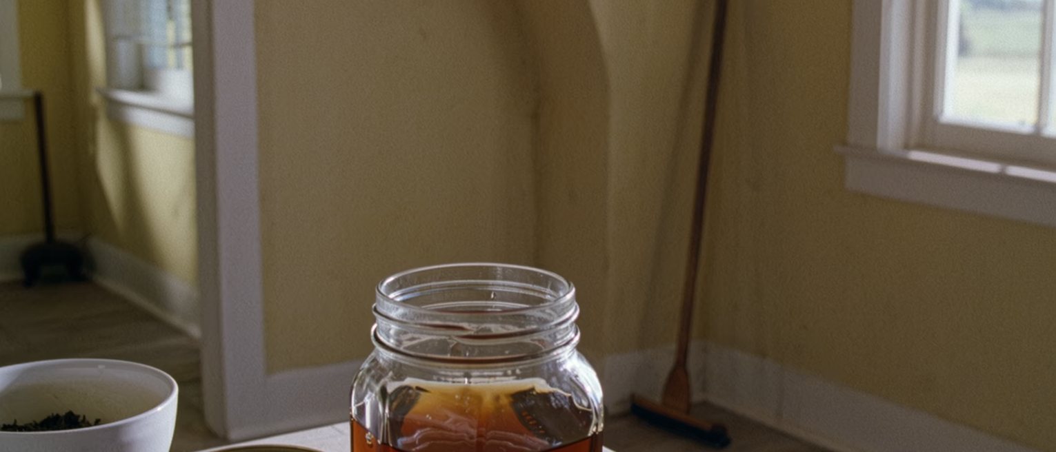 a kitchen with a jar's lid loosened and left on the counter beside the jar, a second cup of tea poured and waiting beside it