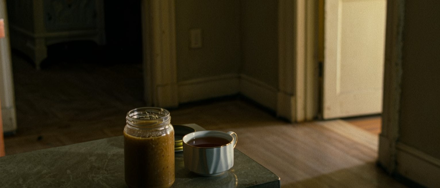 a kitchen with a jar's lid loosened and left on the counter beside the jar, a second cup of tea poured and waiting beside it