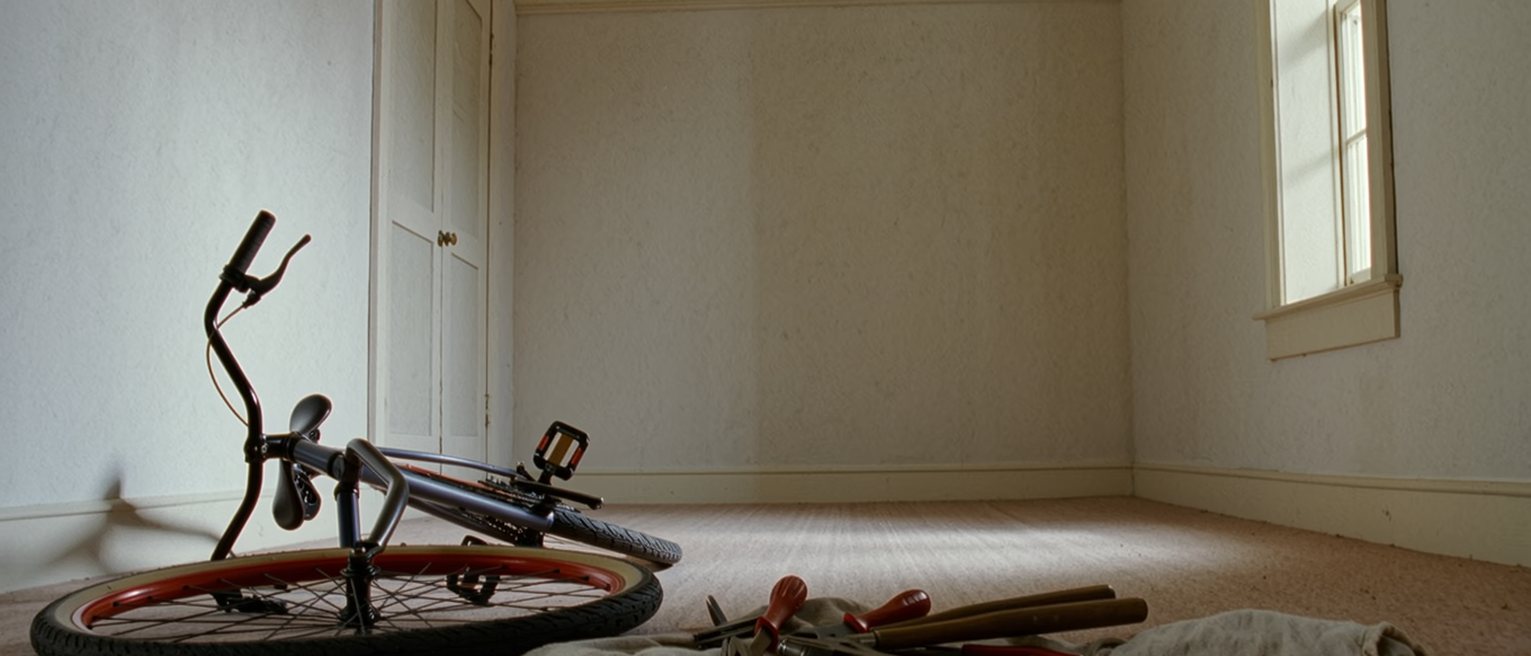 a hall with a bicycle leaning against the wall, its front wheel off and a borrowed set of tools laid out on a cloth beside it