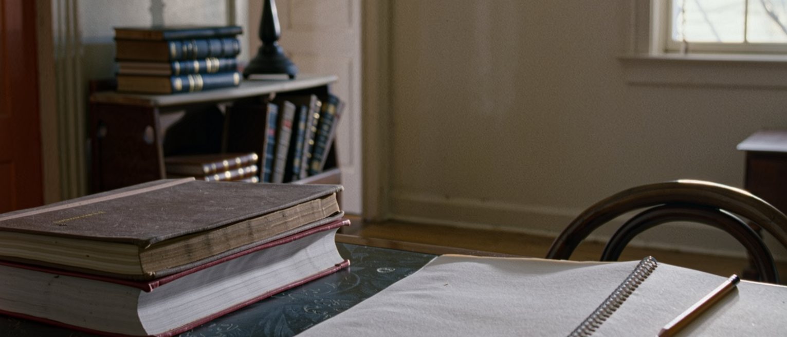 a desk seen close with two dictionaries closed and stacked, a blank notepad in front of them with a pencil laid across it, a lamp and a shelf of dictionaries soft behind