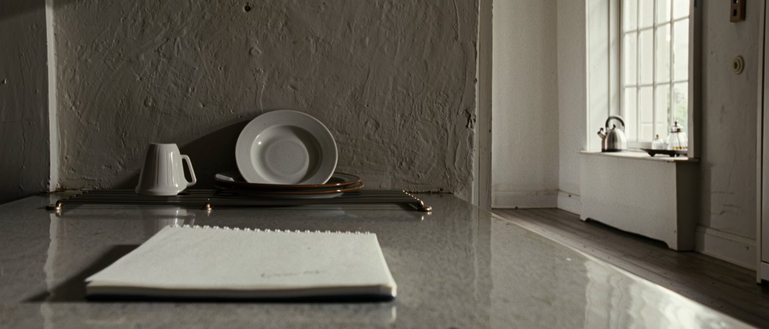 a kitchen table seen close with a notepad on it and nothing written, a single cup and a single plate washed and upturned on the rack close behind, the kettle and the window beyond