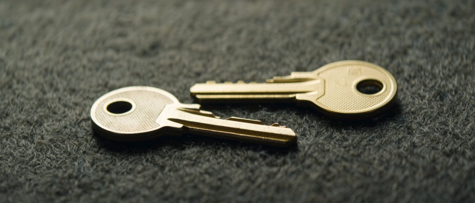 two brass keys cut almost alike, laid side by side on dark felt