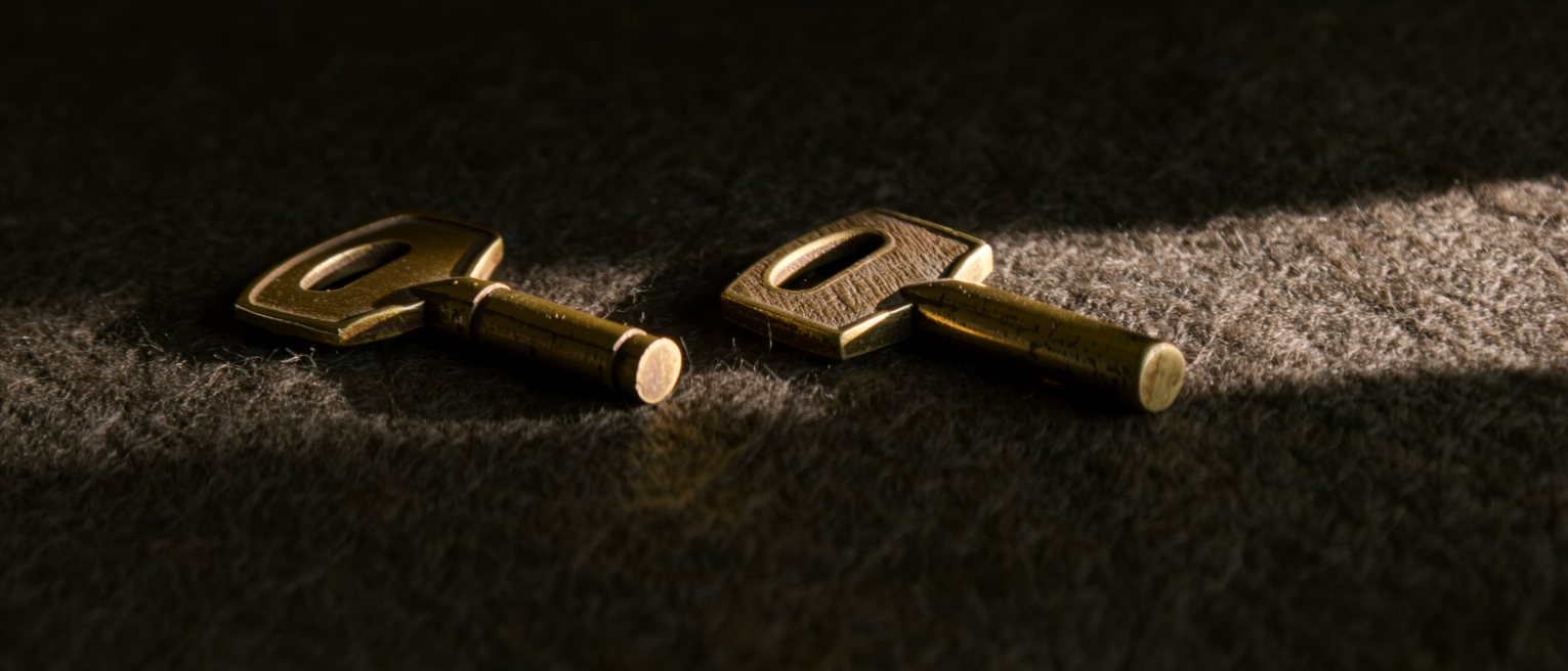 two brass keys cut almost alike, laid side by side on dark felt