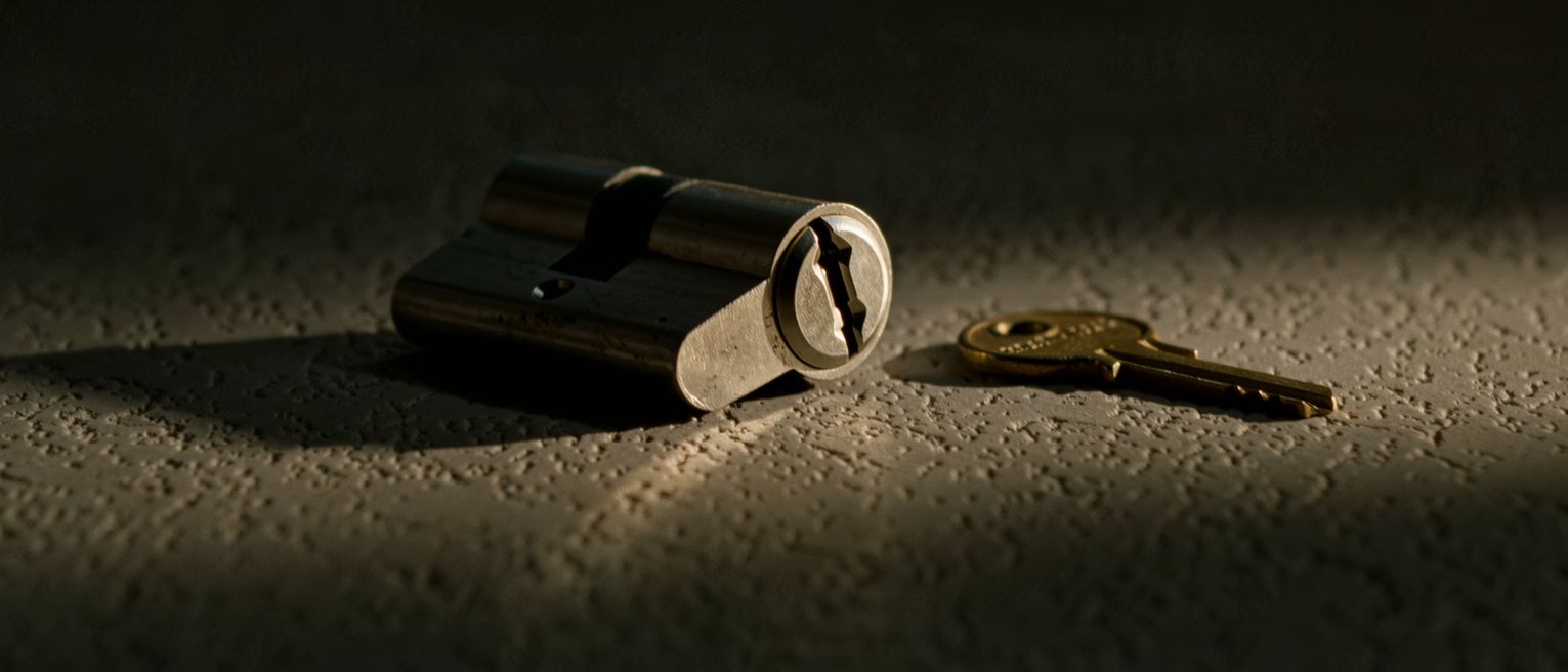 a worn lock cylinder turned open, its mechanism showing