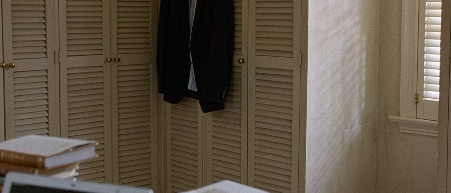 a bedroom seen close in a room kept as it was, a laptop on the desk beside a stack of textbooks, a suit on the wardrobe door and the shutters soft behind