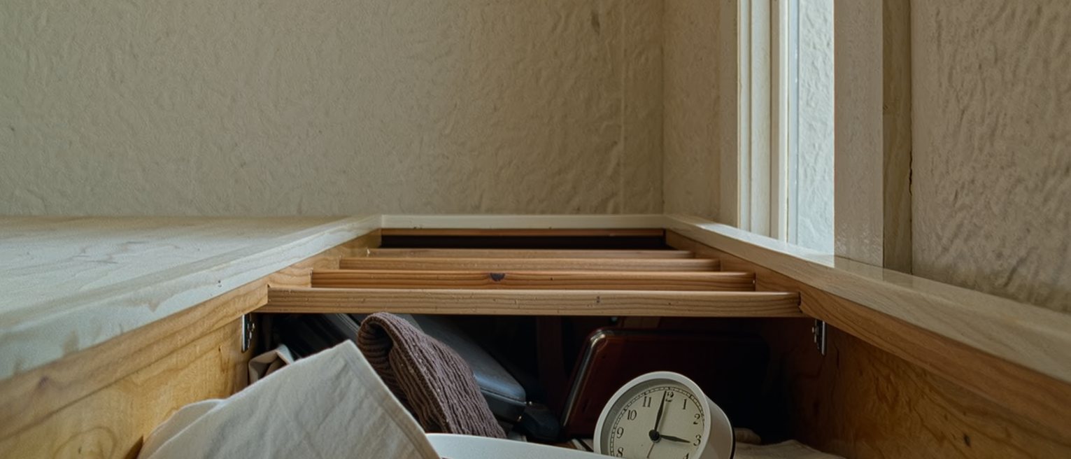 a cupboard shelf seen close with a round white alarm resting with its cover lifted off beside a spare battery and a small screwdriver, a folded cloth, the shelf boards soft beyond