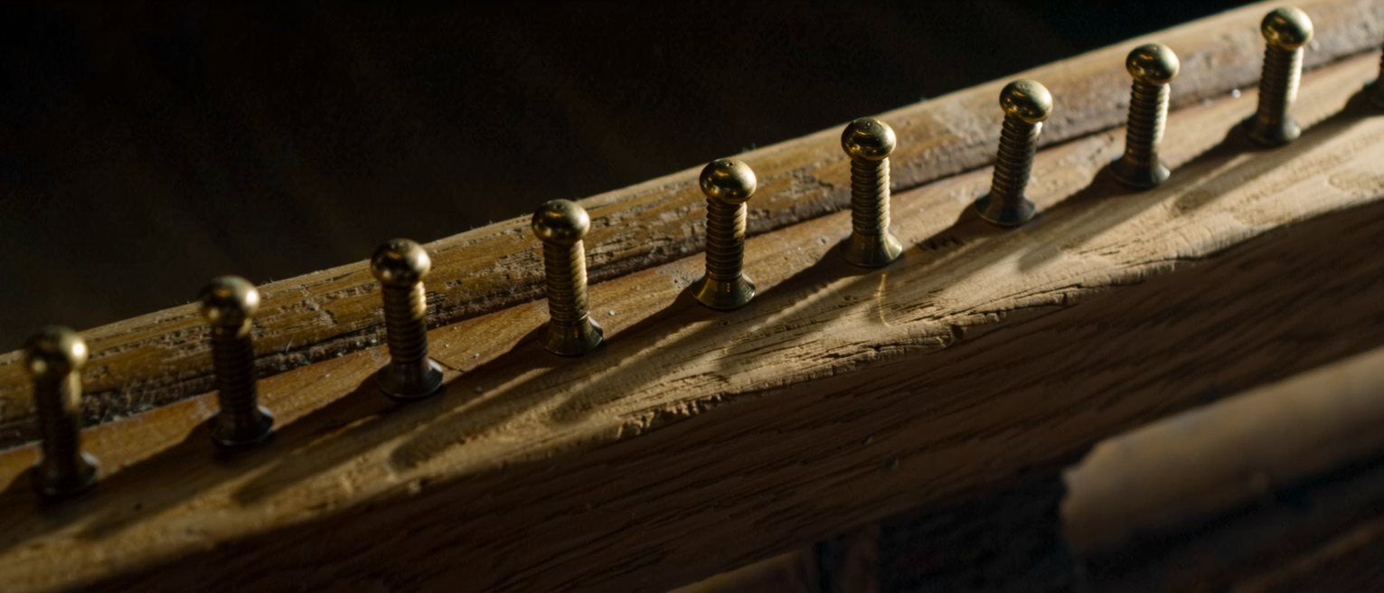 a run of identical brass hooks screwed along an oak rail
