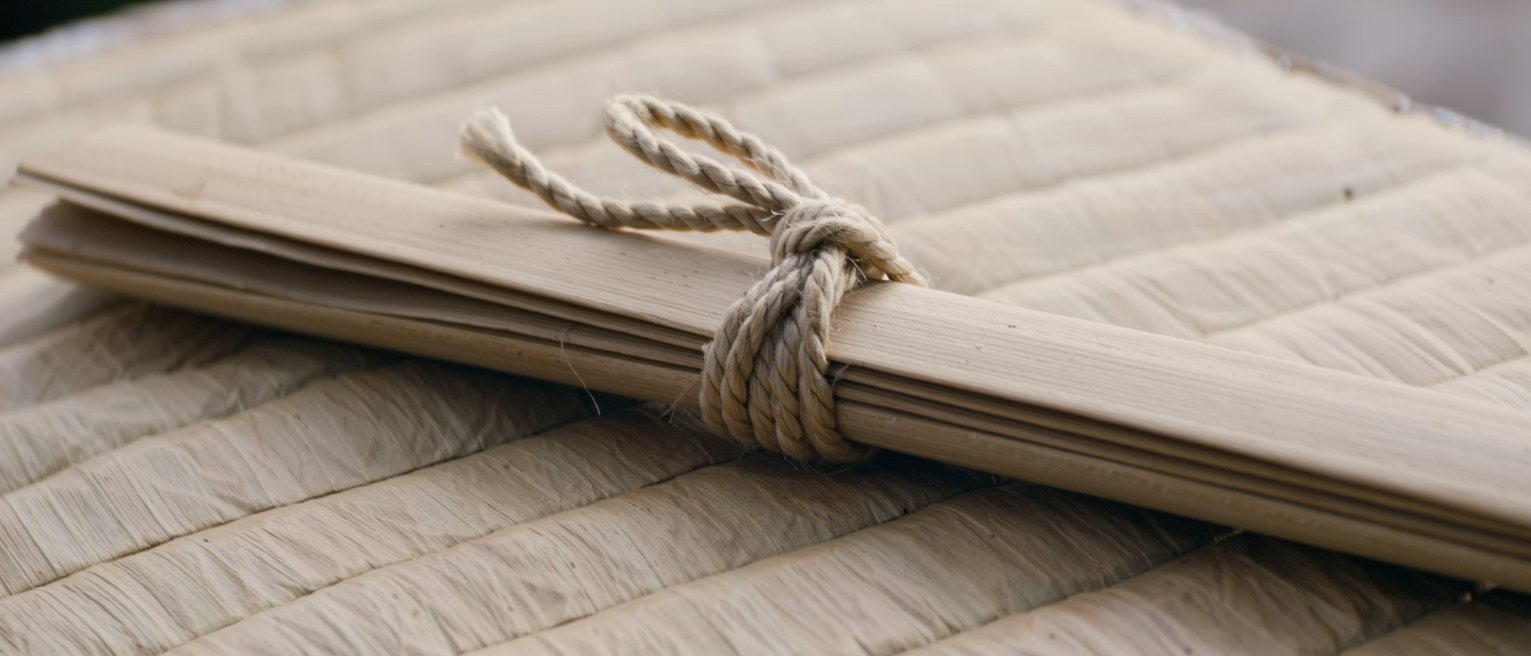 the cord and wooden boards of a closed palm-leaf manuscript, the binding knot pulled tight