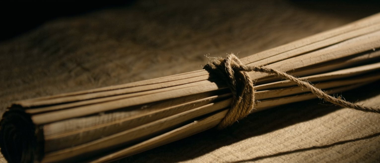 the cord and wooden boards of a closed palm-leaf manuscript, the binding knot pulled tight