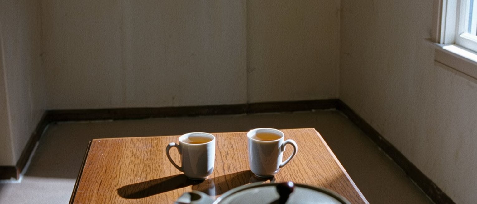 a kitchen table with a second cup set out and no one coming, the tea gone cold in the pot