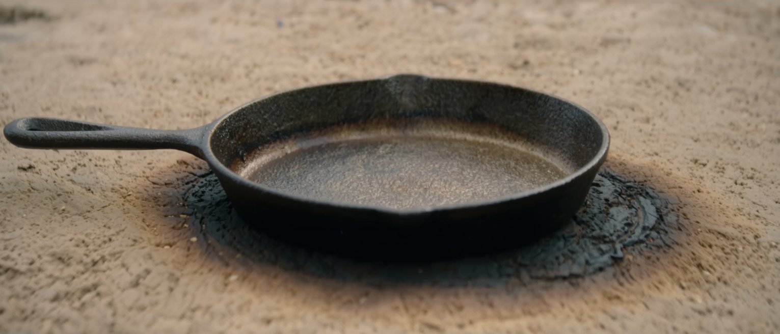 a cast-iron pan with a scorched ring baked onto its base