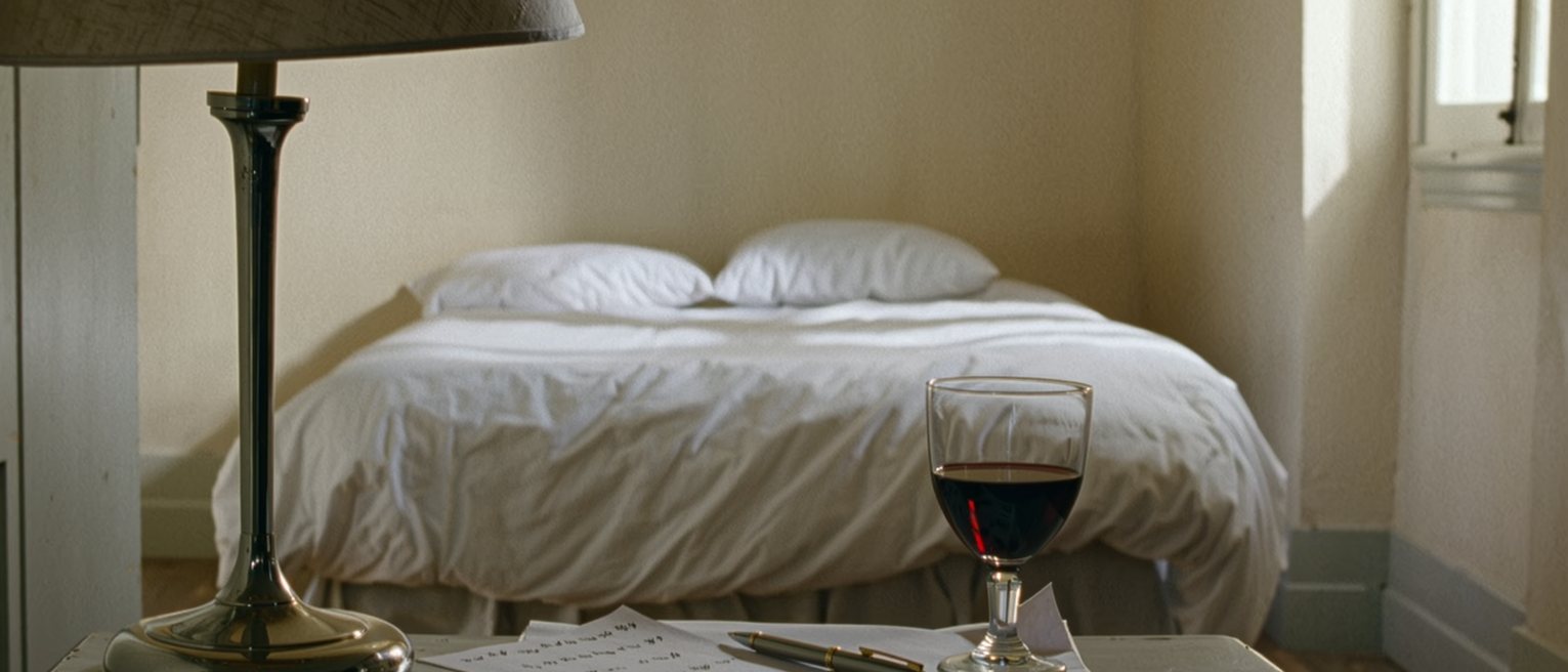 a bedside table seen close with a handwritten list, numbered, a pen laid across it and a glass of wine poured and untouched, the lamp and the made bed close behind