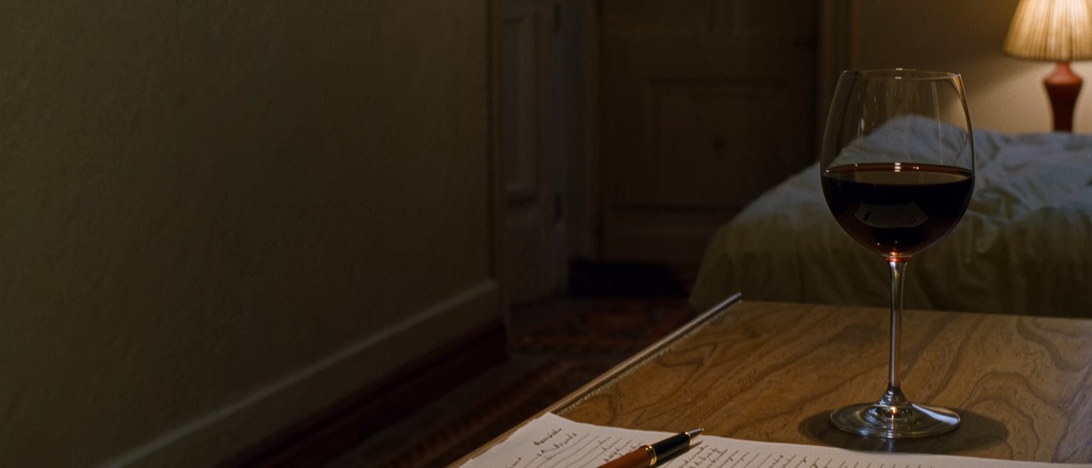 a bedside table seen close with a handwritten list, numbered, a pen laid across it and a glass of wine poured and untouched, the lamp and the made bed close behind