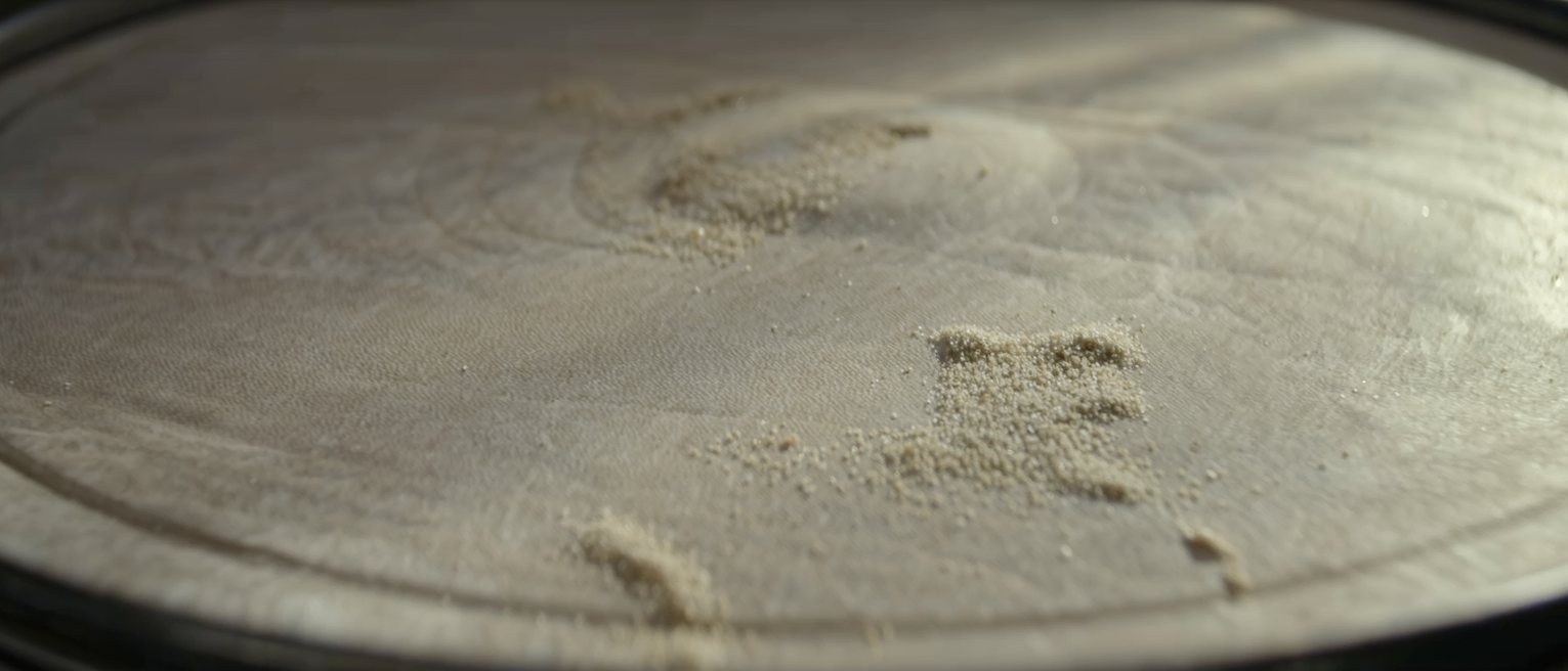 the stretched skin of a drum with a few grains of sand resting on it, shifted into a pattern