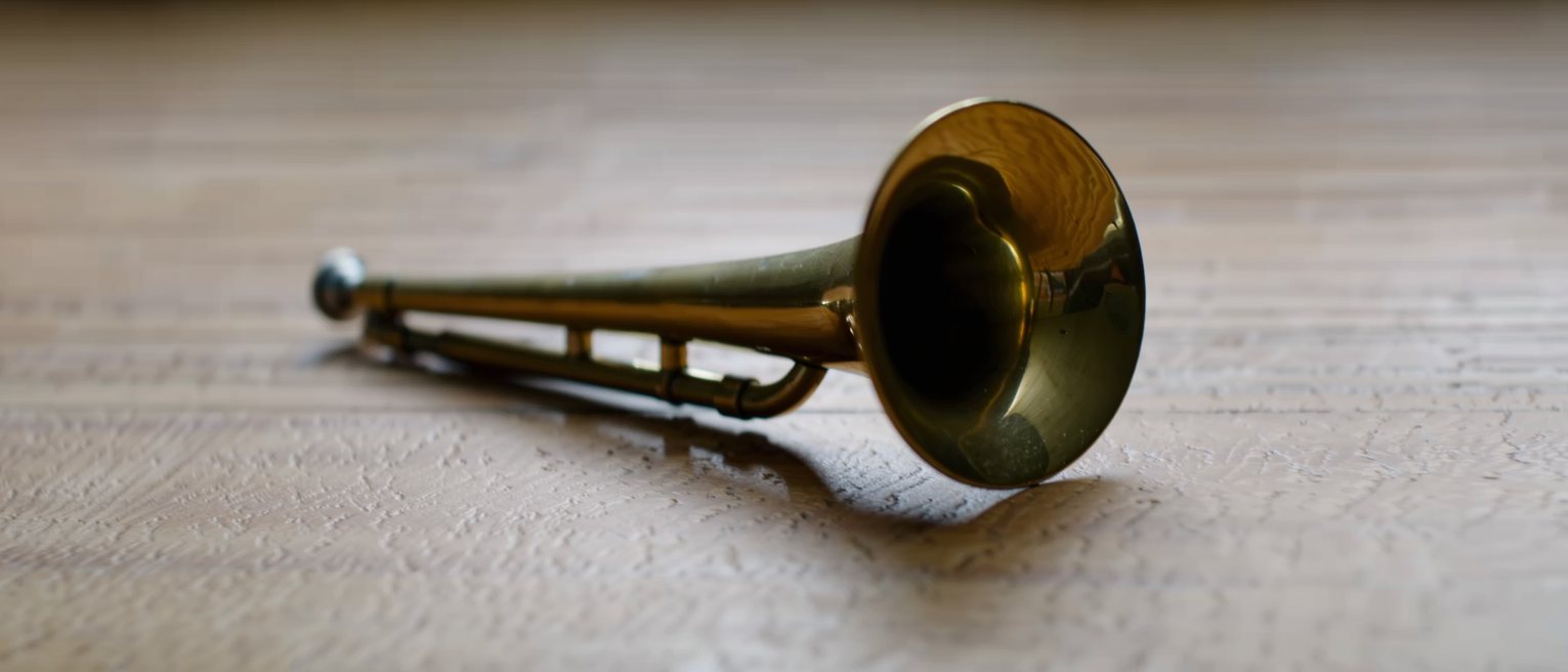 a long brass horn of an old gramophone, its mouth open and dark inside