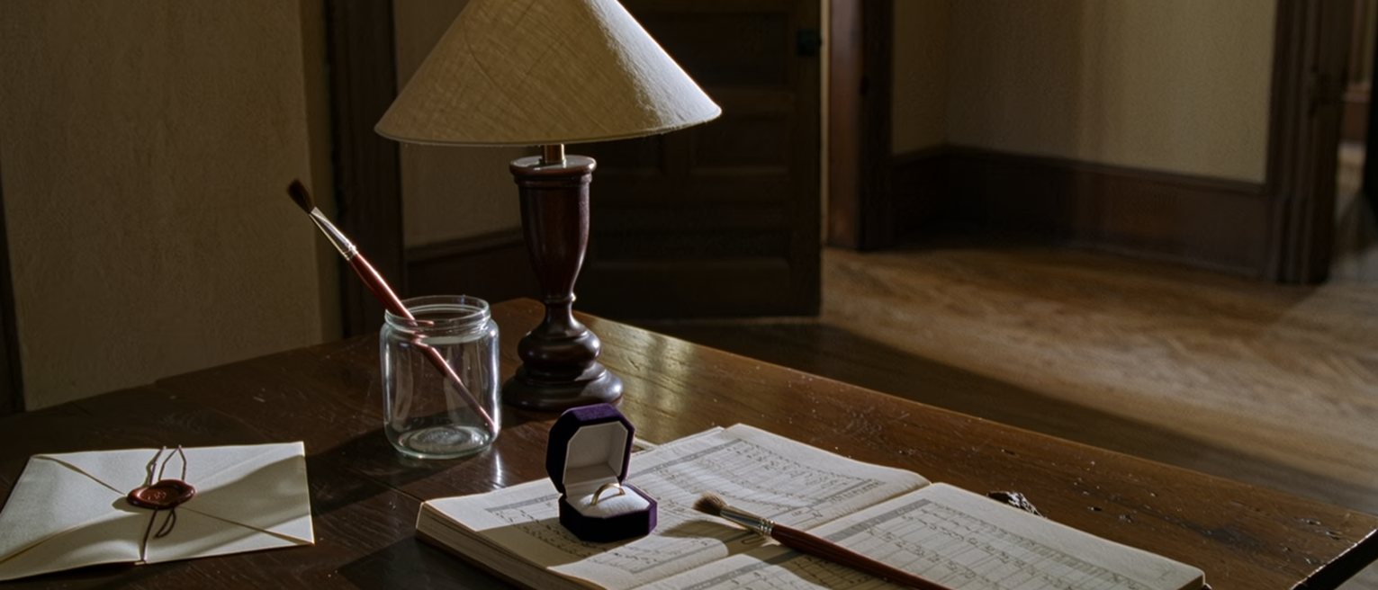 a drawing room seen close with a sketchbook open beside a ledger of household accounts, a paintbrush in a jar, a ring box open and empty on the table and a letter with a wax seal, the lamp close behind