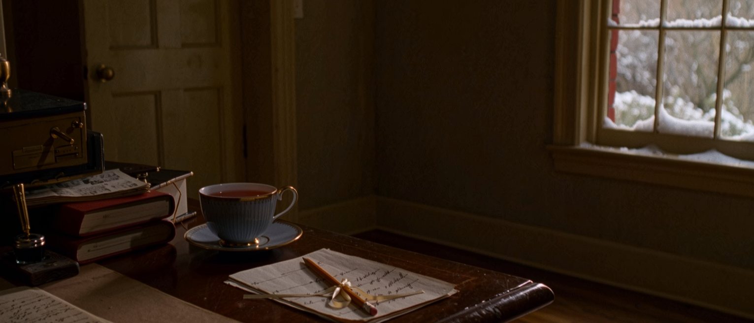 a writing desk seen close with a manuscript tied in ribbon beside a contract with a copyright line marked in pencil, a cup of tea and an inkwell, the window with snow on the sill soft behind