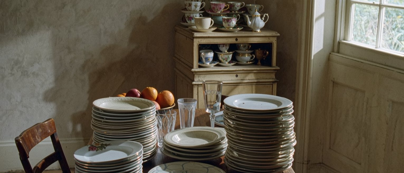 a kitchen table seen close after a supper for eight, every plate used and stacked high, glasses everywhere, a bowl of fruit and a dresser full of china close behind, and one chair at the near corner turned a little away from the rest
