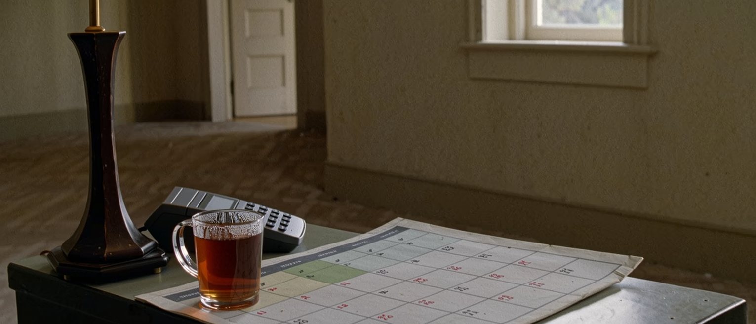 a desk with a paper wall calendar, its month grid filled to every square in two colours of ink, a phone face down beside it and a cup of tea gone cold, the lamp close behind