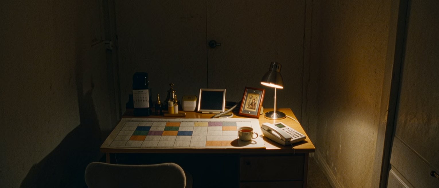 a desk with a paper wall calendar, its month grid filled to every square in two colours of ink, a phone face down beside it and a cup of tea gone cold, the lamp close behind