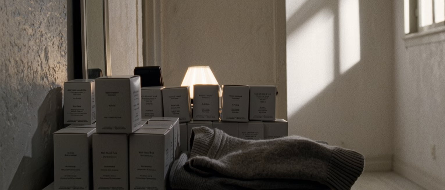 a dressing table seen close crowded with unopened boxes of skincare in a row and, at the front, a single worn cardigan folded, the lamp soft behind