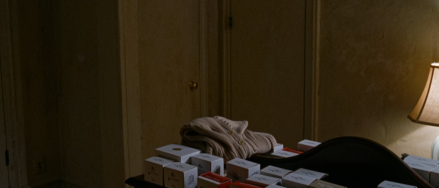 a dressing table seen close crowded with unopened boxes of skincare in a row and, at the front, a single worn cardigan folded, the lamp soft behind