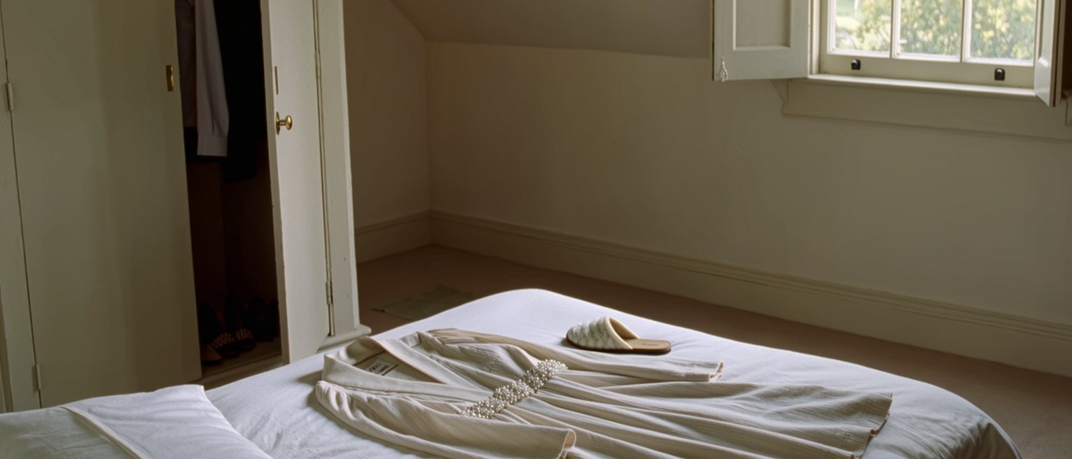 a bedroom with a dressing gown laid across the made bed and a pair of slippers set beneath it, the wardrobe door standing open and the window soft behind