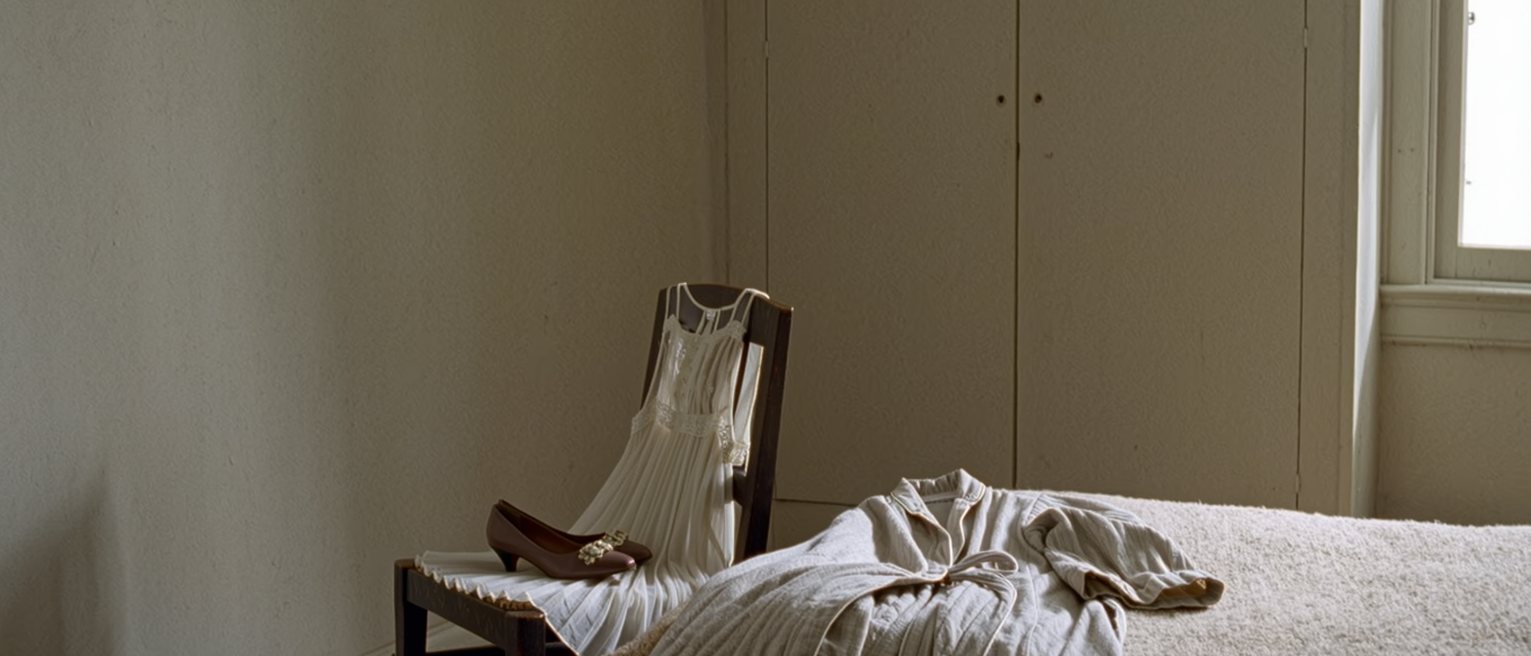 a bedroom chair with a dress and its heels set out ready, and on the bed beside it a worn cotton robe just taken off