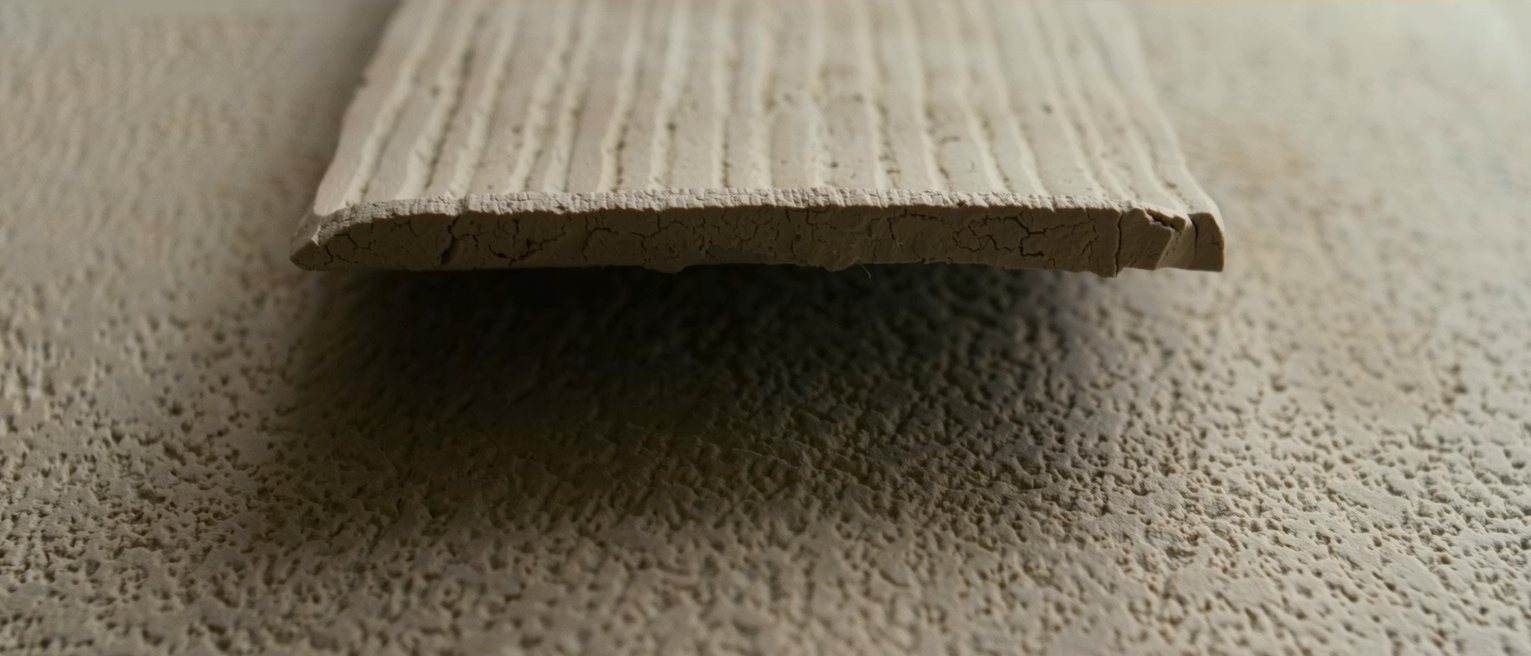 a hand-made clay roof tile, its underside carrying the ridges left by the mould