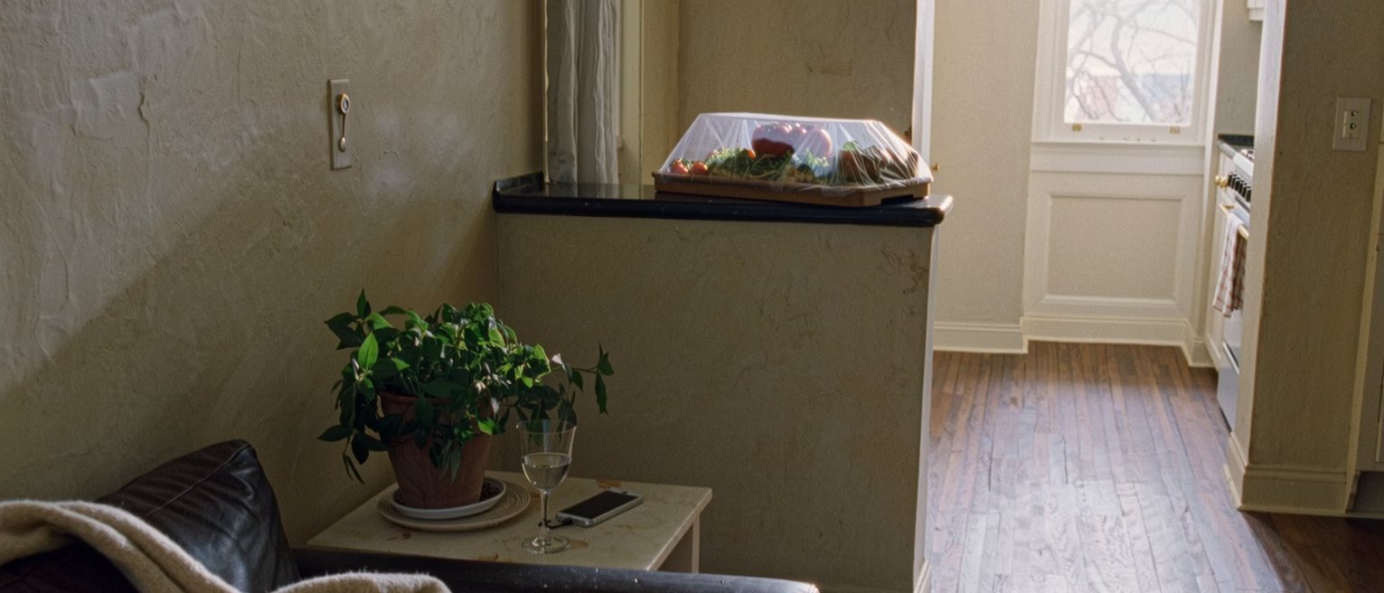 a tidy flat with everything in its place: a folded throw on the sofa, a plant watered, a phone charging, a meal for one covered on the counter