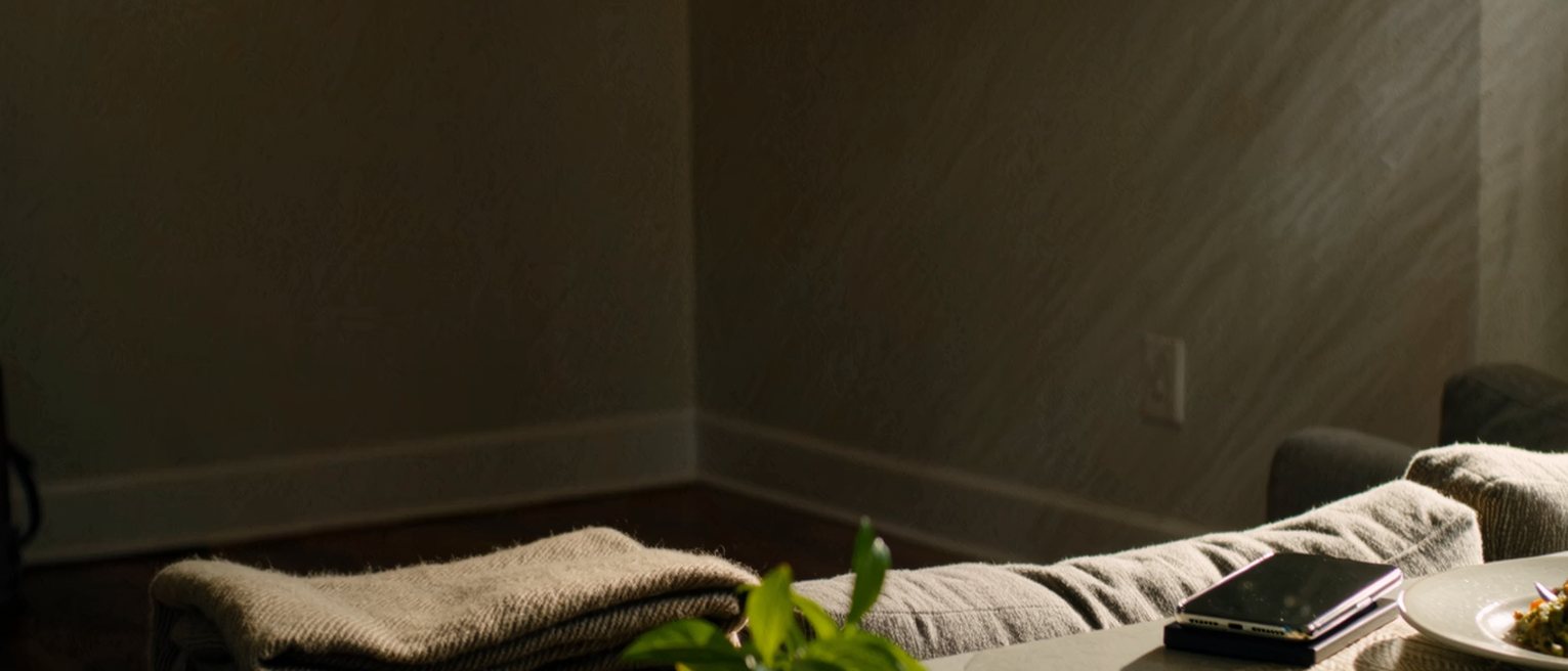 a tidy flat with everything in its place: a folded throw on the sofa, a plant watered, a phone charging, a meal for one covered on the counter