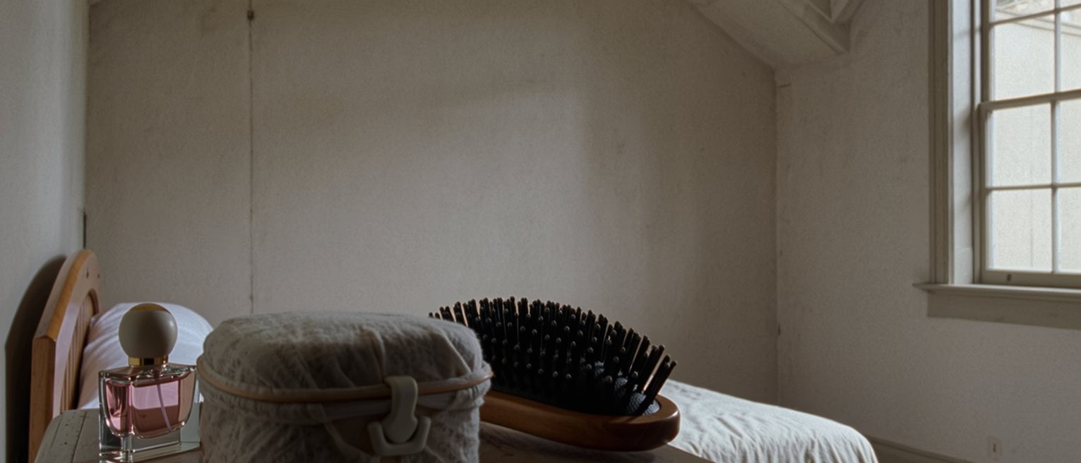 a bedroom seen close with a dresser holding a small lunch box wrapped in its cloth beside a perfume bottle with its cap off and a hairbrush, the bed made behind, the tall window soft beyond