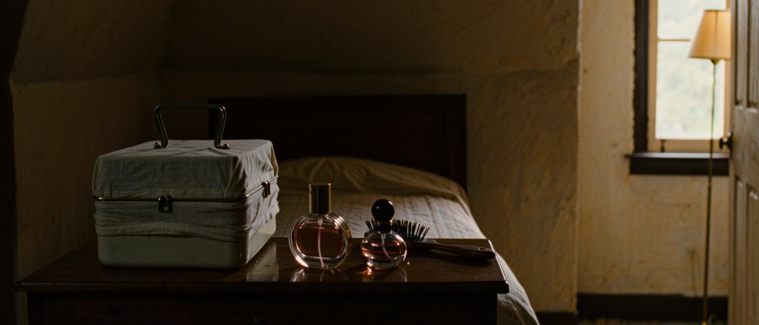a bedroom seen close with a dresser holding a small lunch box wrapped in its cloth beside a perfume bottle with its cap off and a hairbrush, the bed made behind, the tall window soft beyond