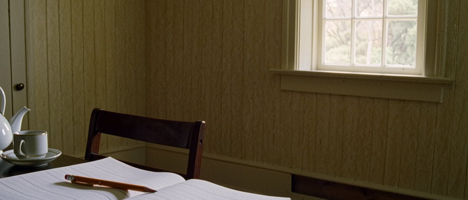 a dining table seen close with an open notebook ruled into two columns in pencil, a pen laid across it, a teapot and one cup, the second chair pushed in on the far side, the window soft beyond
