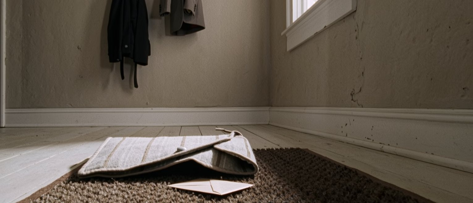 a hall mat with a single envelope lying on it, the flap of the letterbox still swinging, a coat on the hook above