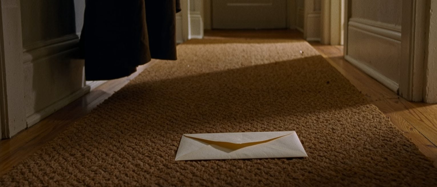 a hall mat with a single envelope lying on it, the flap of the letterbox still swinging, a coat on the hook above