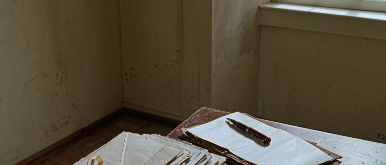 a desk with a bundle of old letters tied with ribbon beside a single new one opened flat, a pen set down across it