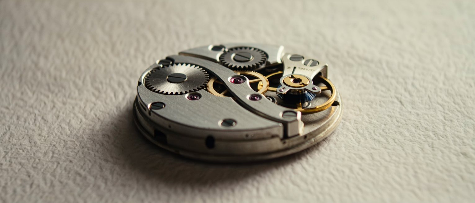 the open back of a clockwork movement, its jewels and springs exposed and still